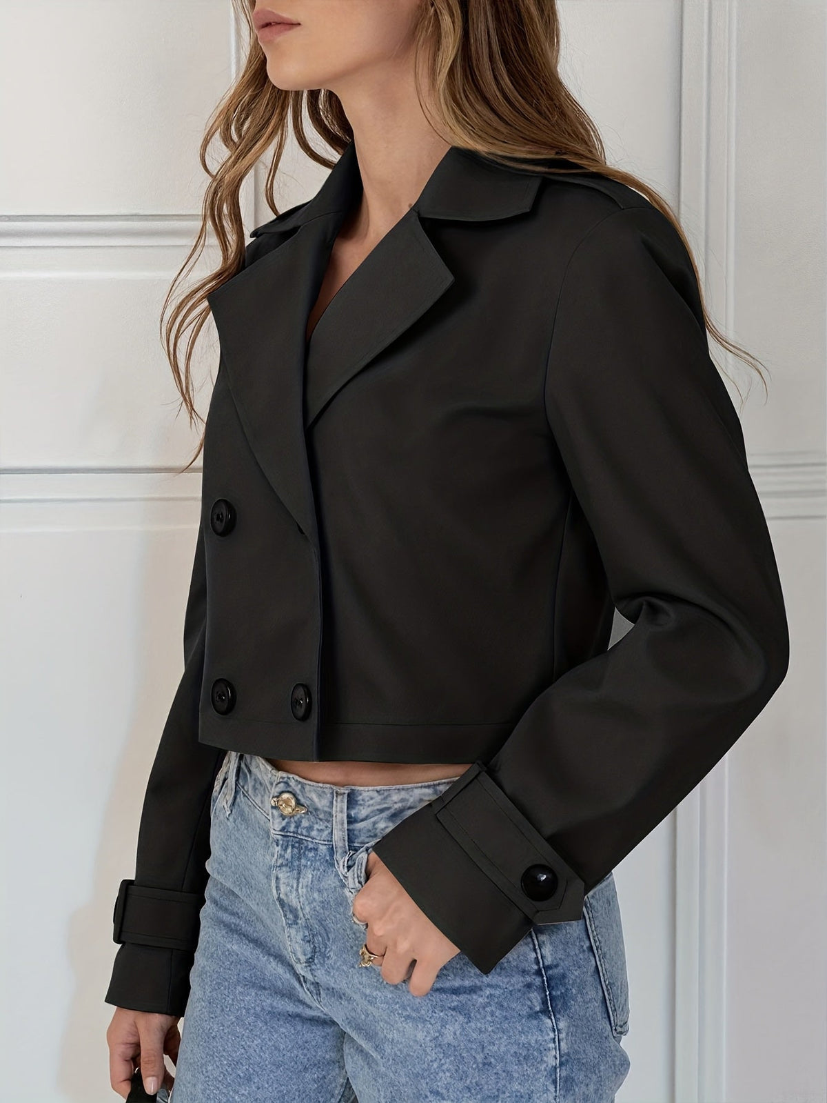 Button tab cropped pea coat for women