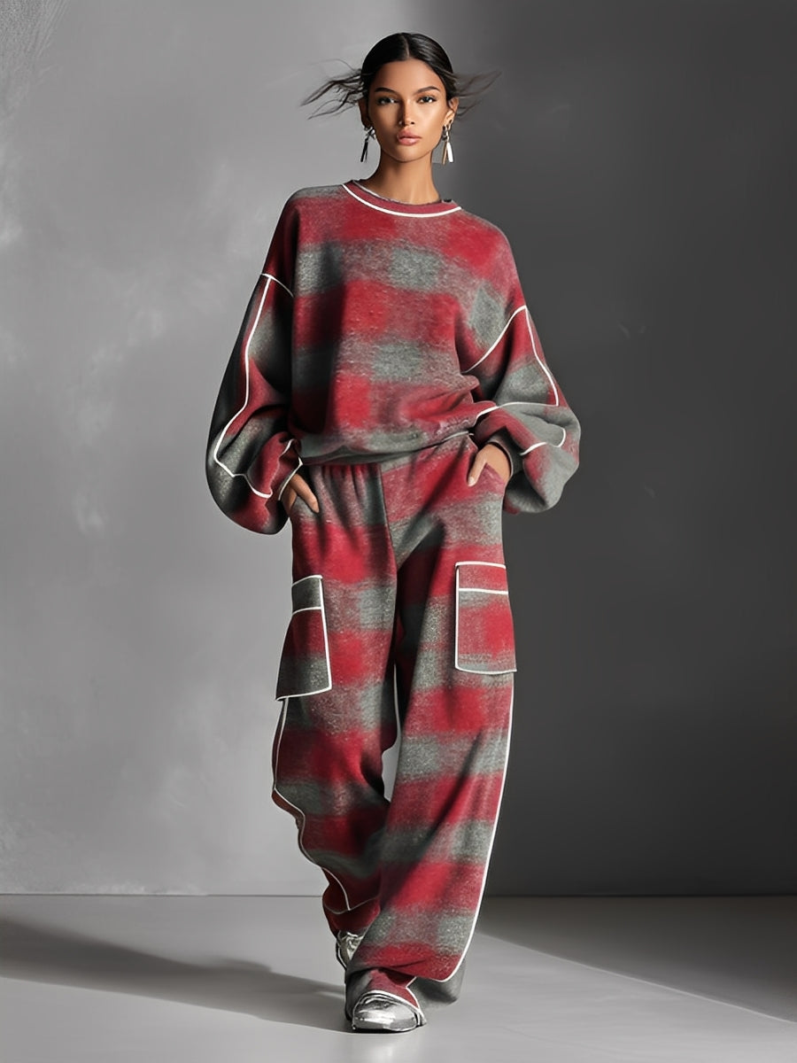 Piped sweatshirt and cargo-pocket pant set for women