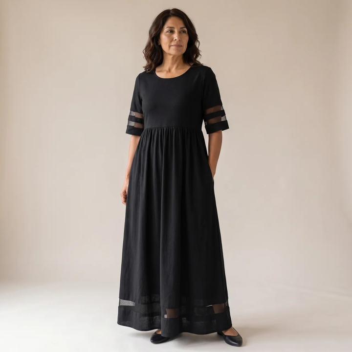 Valeria | Vestido Maxi de Manga Corta con Malla