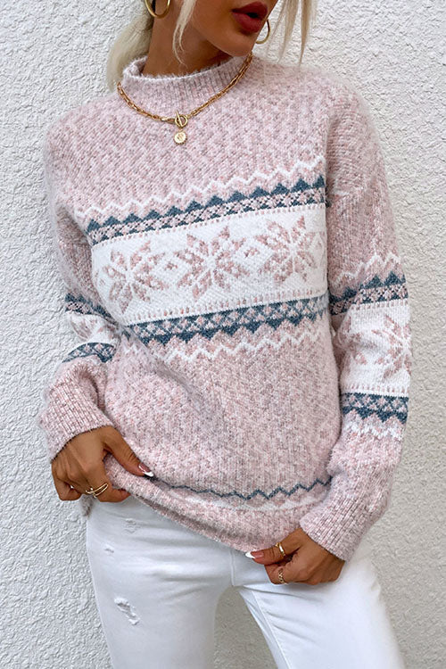 Snowflake print mock neck oversized sweater for women
