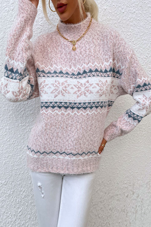 Snowflake print mock neck oversized sweater for women