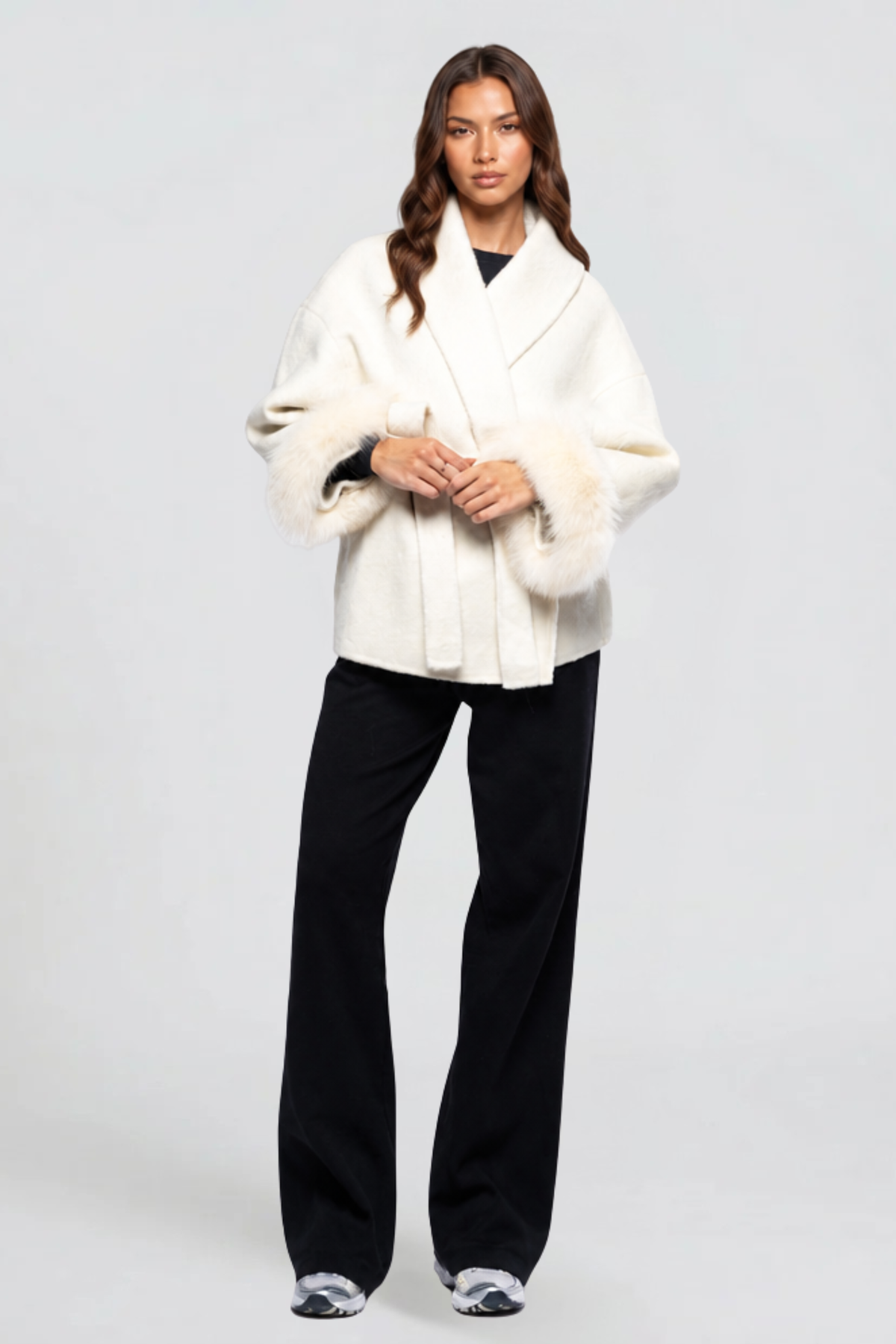 Relaxed fit wool-look belted coat for women