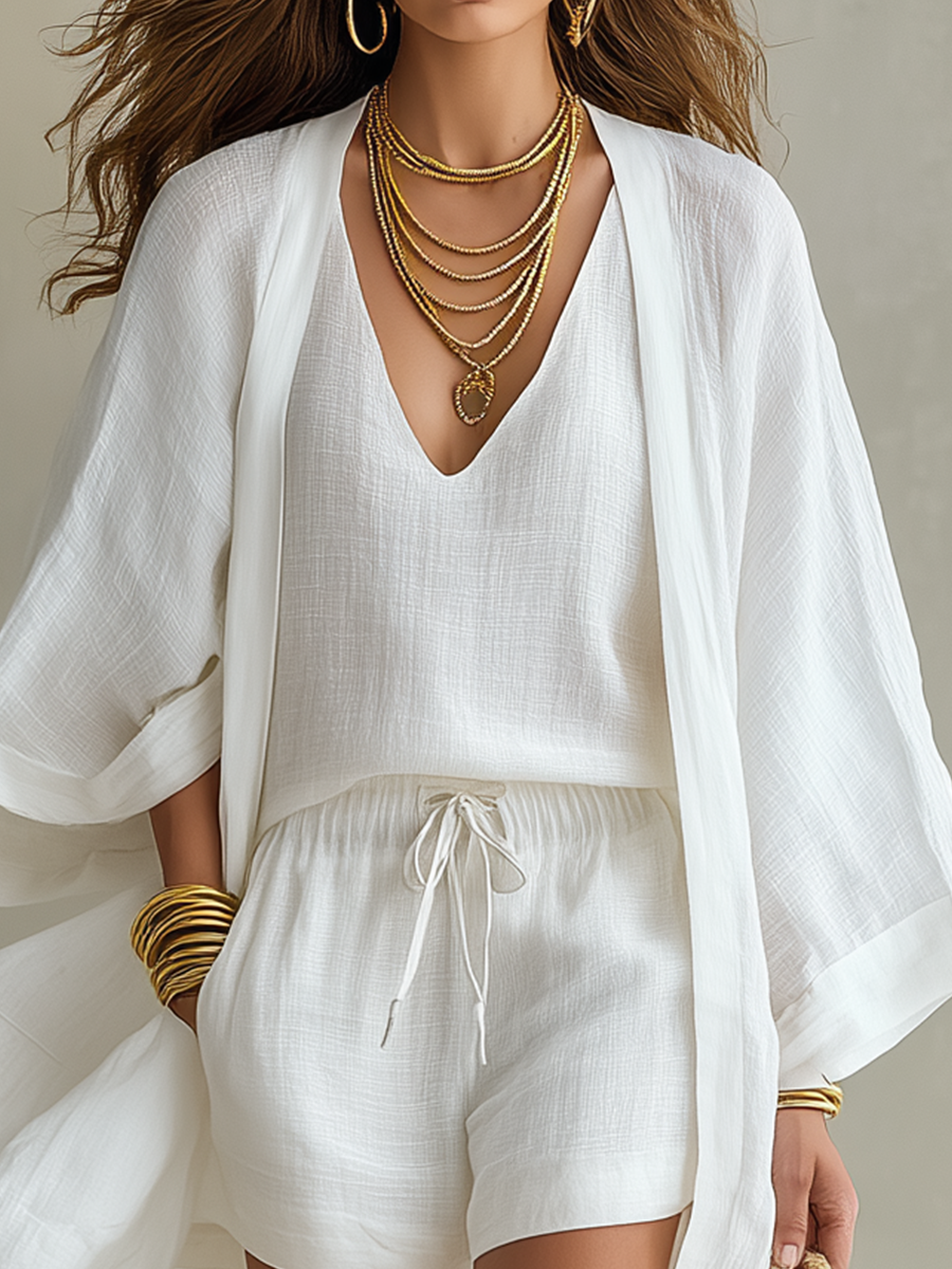 Conjunto tres piezas lino mujer estilo