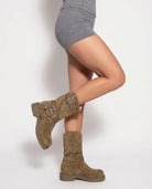 Buckle strap mid-calf slouch boots for women