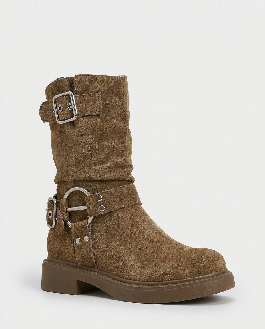 Buckle strap mid-calf slouch boots for women