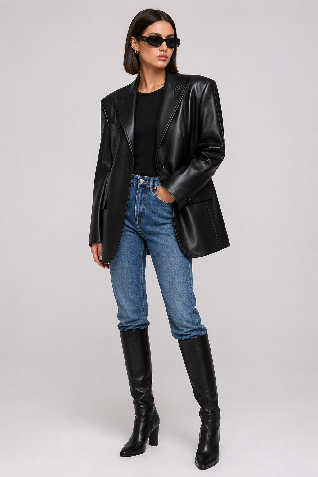 Oversized longline faux leather blazer for women