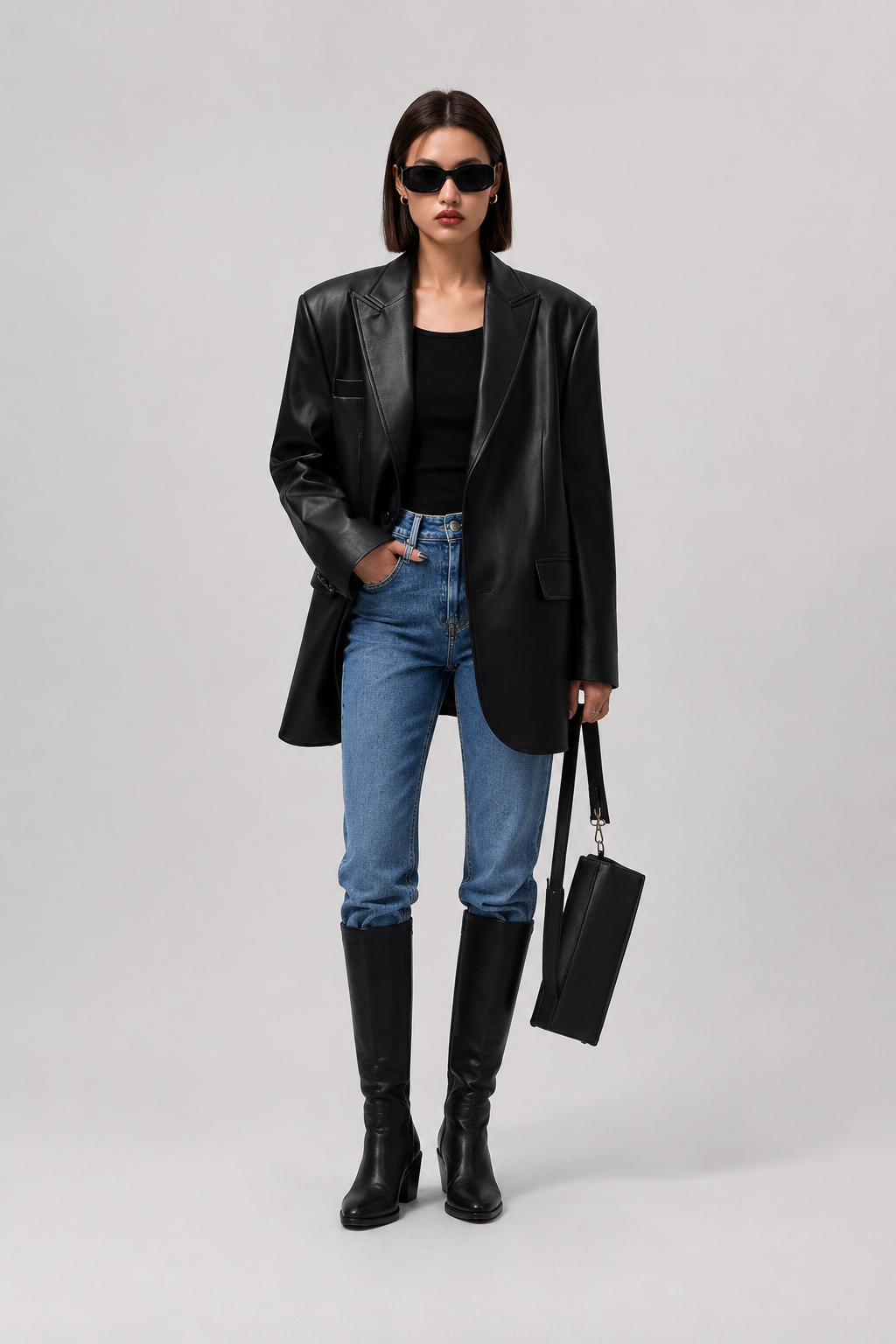 Oversized longline faux leather blazer for women