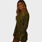 Green long-sleeve sequin mini dress with high neck for women