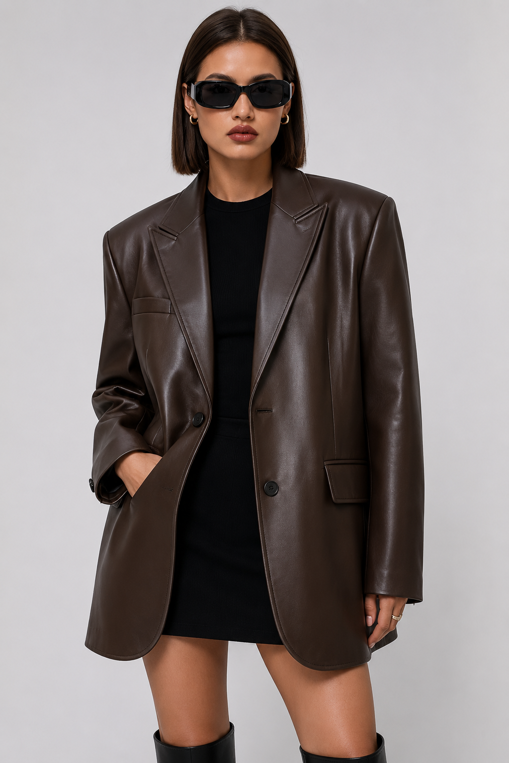 Oversized longline faux leather blazer for women