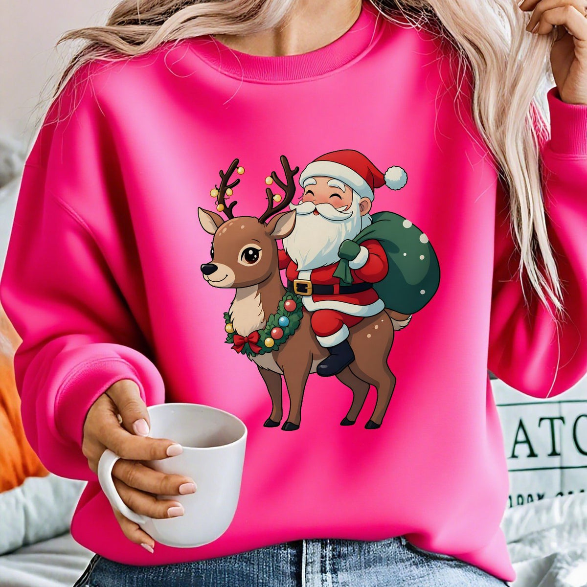 Christmas sweater with Santa and reindeer print for women