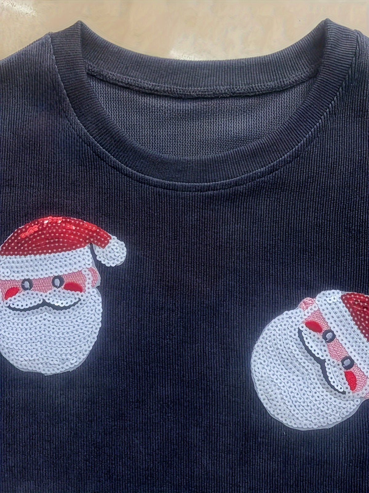 Dark gray corduroy Christmas sweater with sequin Santa for women
