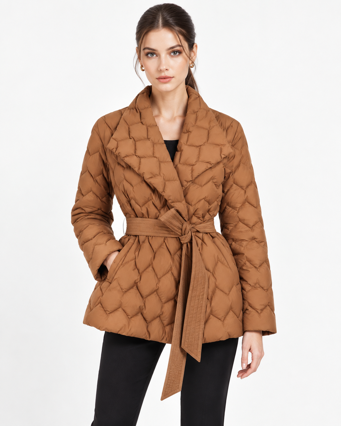 Quilted wide lapel belted coat for women