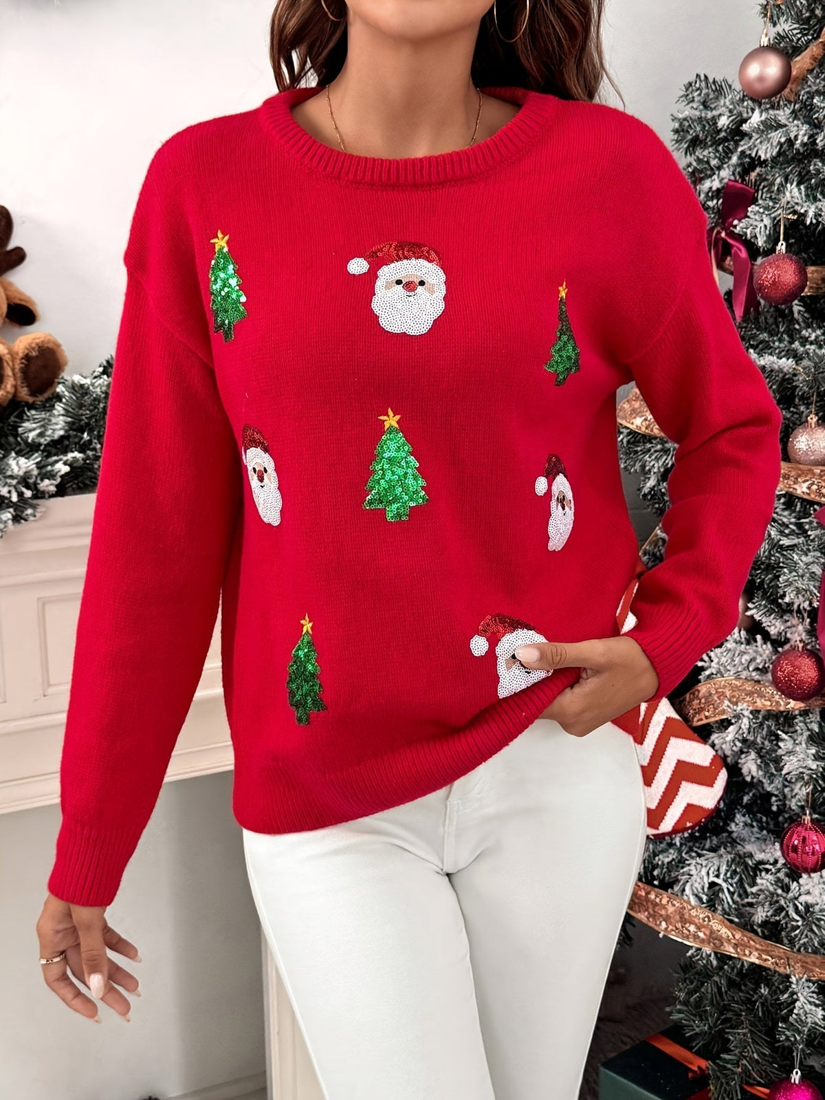 Red Christmas sweater with sequin Santa for women