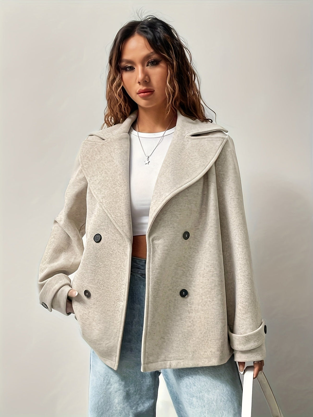 Heathered wool blend pea coat for women