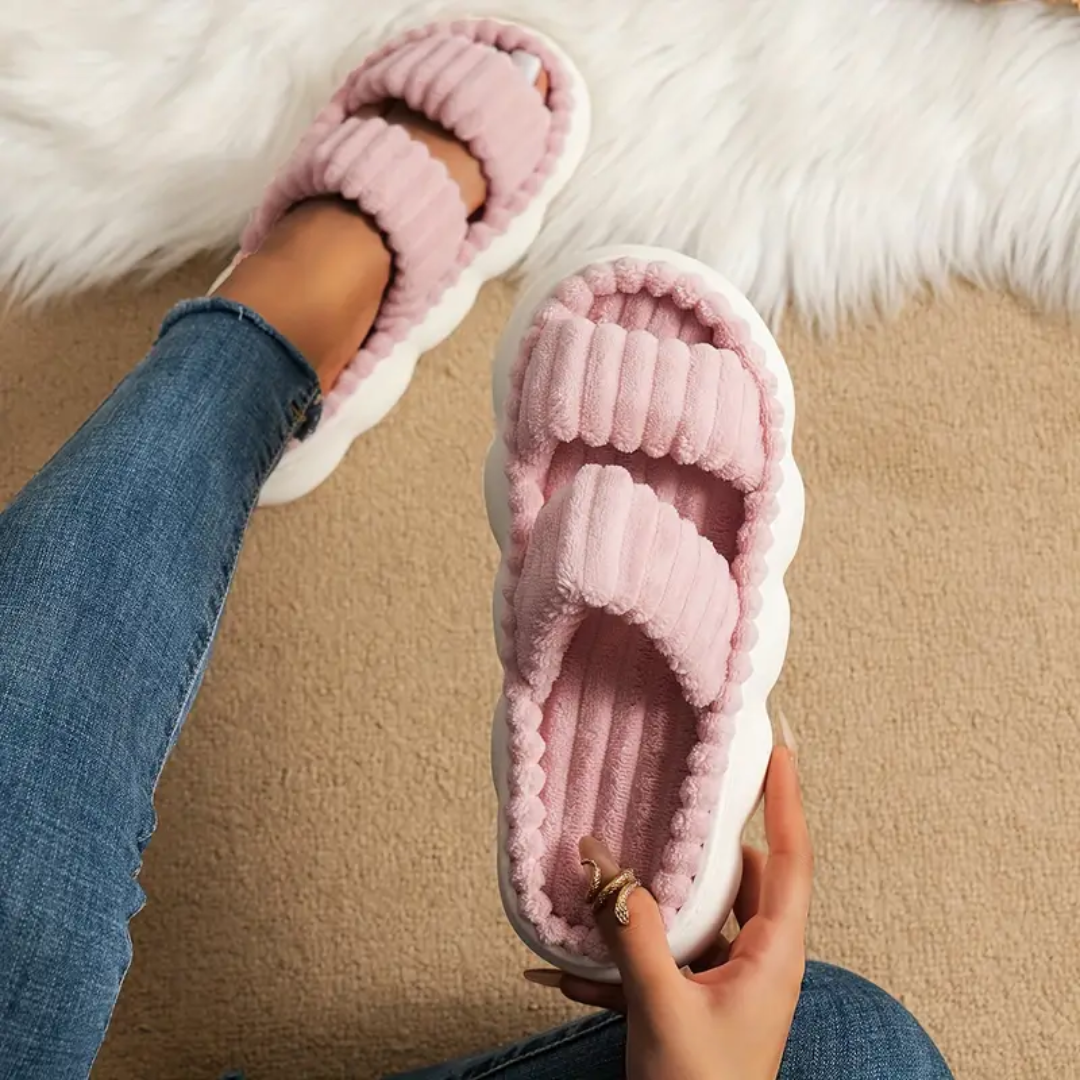 Fluffy double strap slides for women