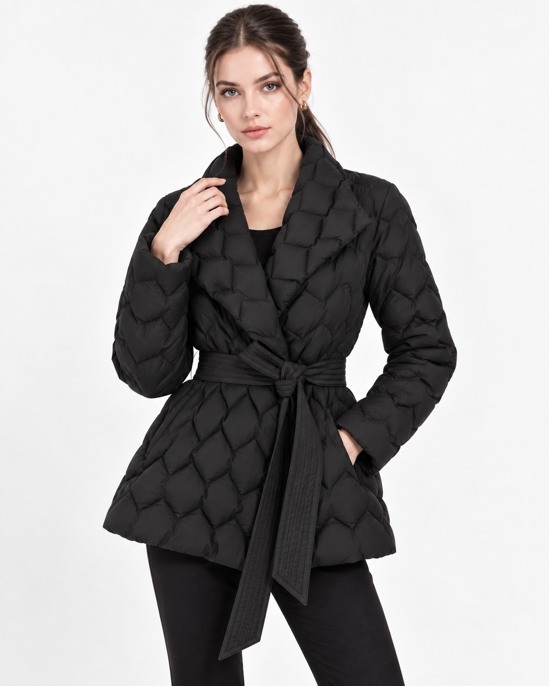 Quilted wide lapel belted coat for women