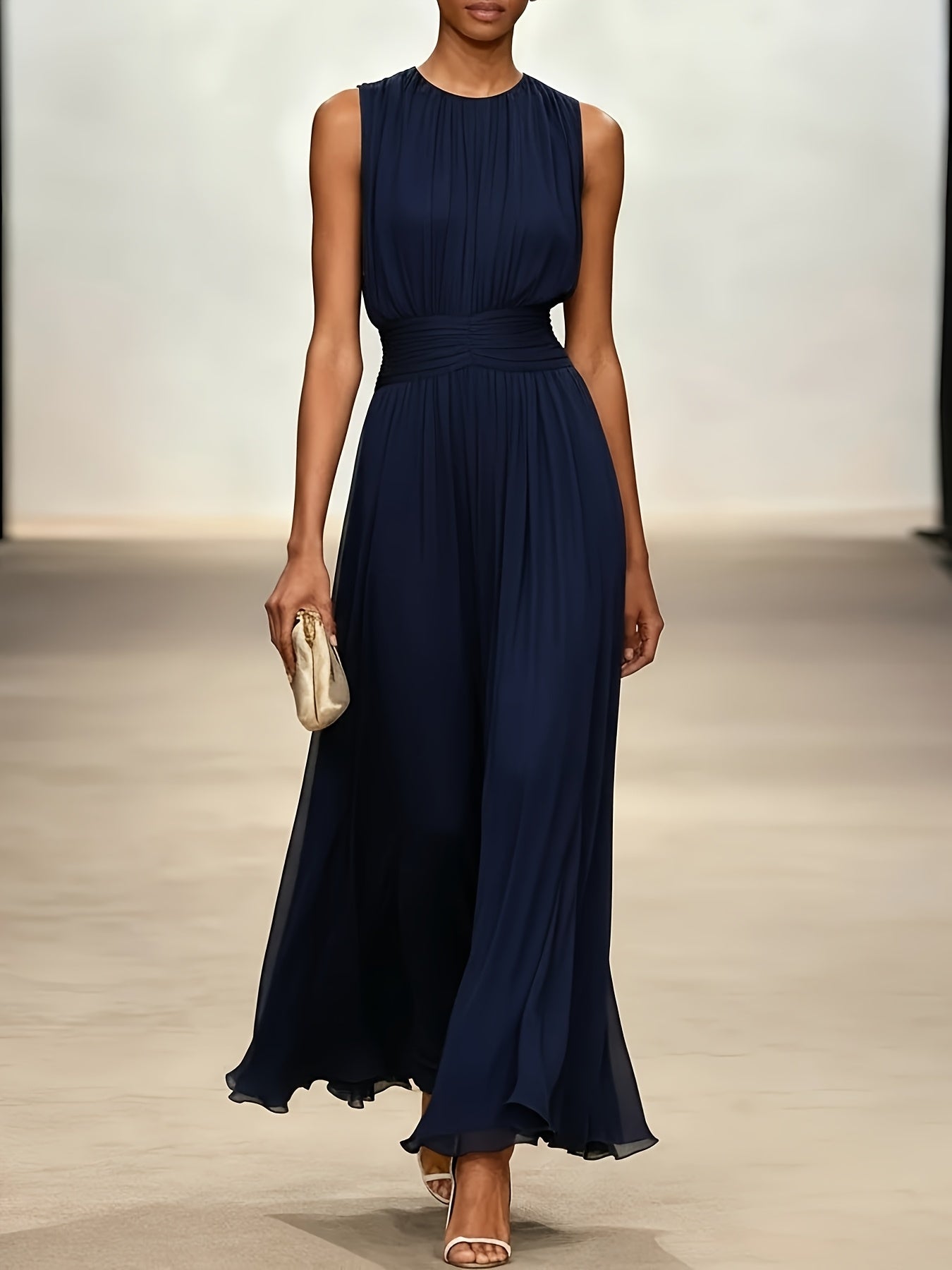 Vestido largo plisado para mujer con cintura fruncida