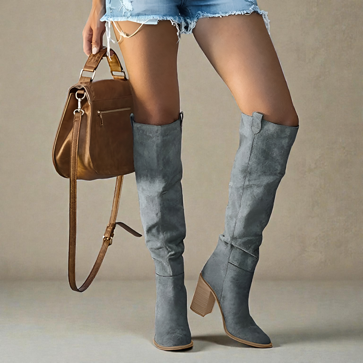 Suede-look knee-high boots with block heel for women