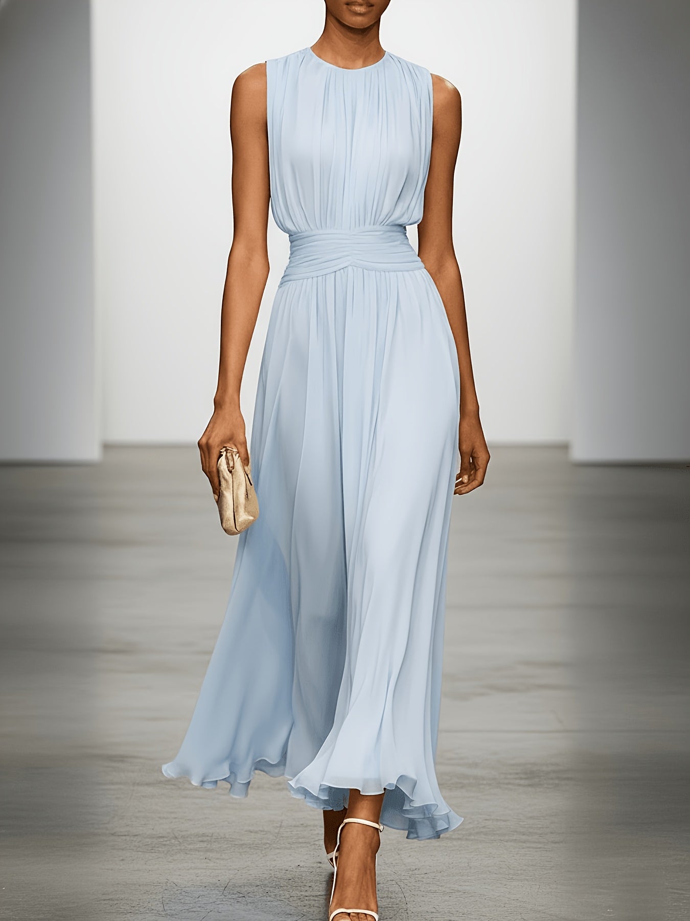 Vestido largo plisado para mujer con cintura fruncida