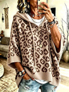 Oversized leopard batwing knit hoodie for women