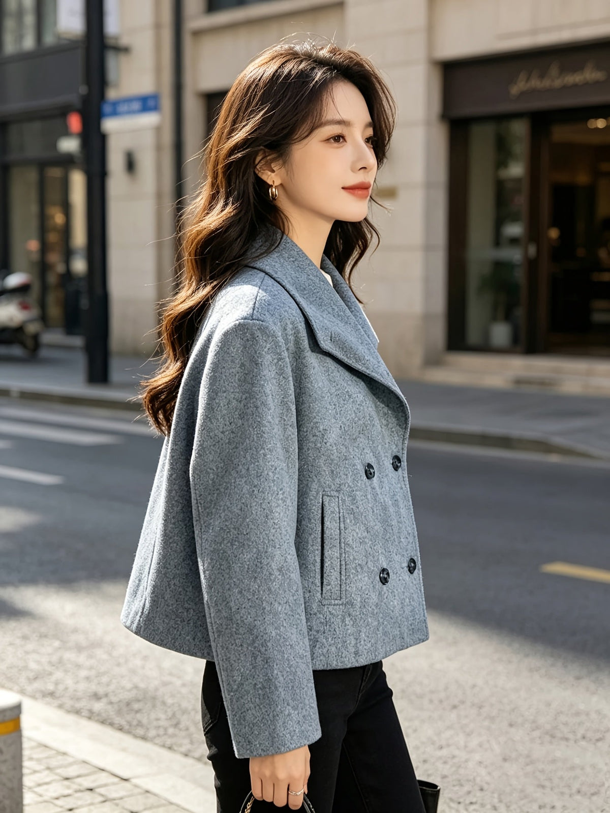 Welt pocket cropped pea coat for women