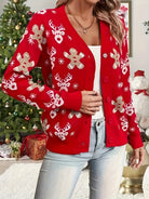 Red sequin Christmas cardigan with button front for women