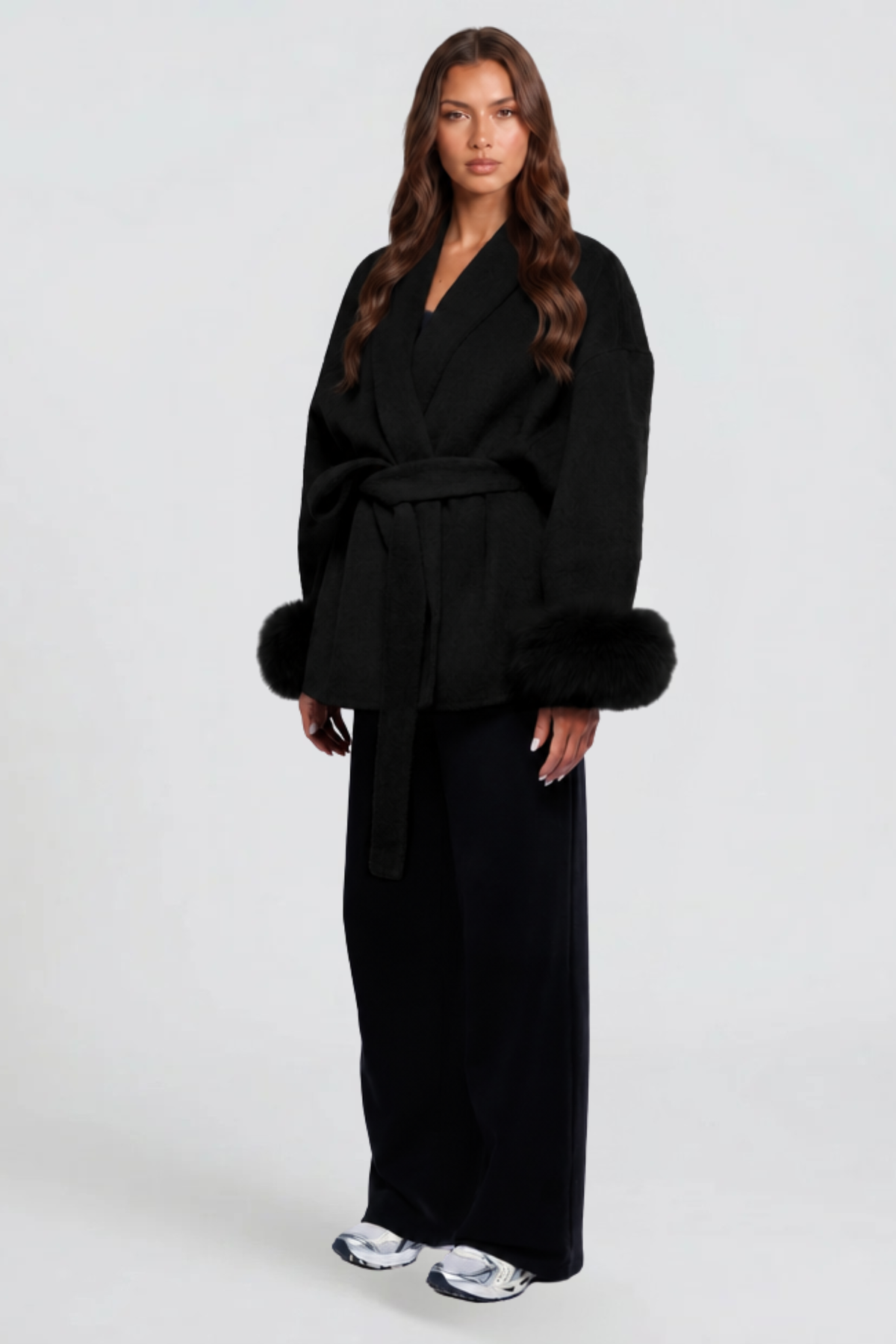 Relaxed fit wool-look belted coat for women