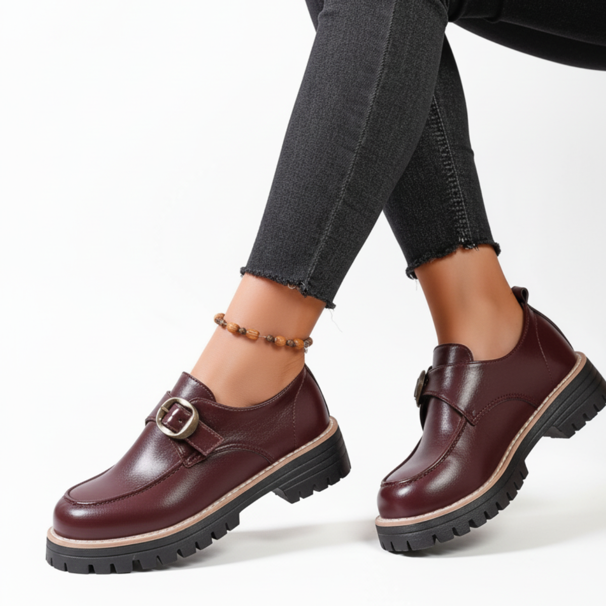 Burgundy buckle strap chunky loafers for women
