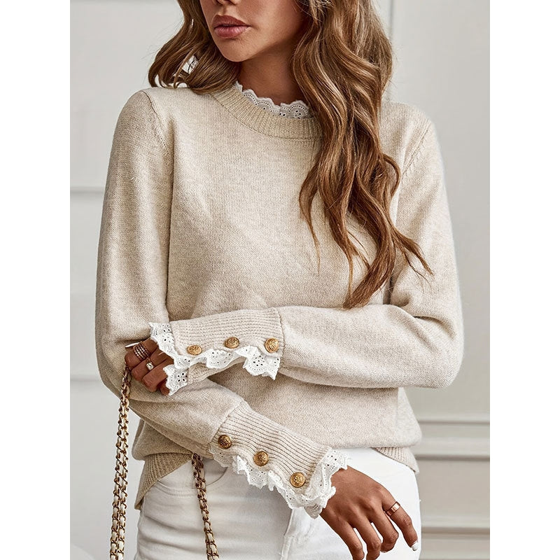 Lace trim mock neck sweater in beige, black and red for women