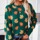 Maple leaf print sweater in green and black for women