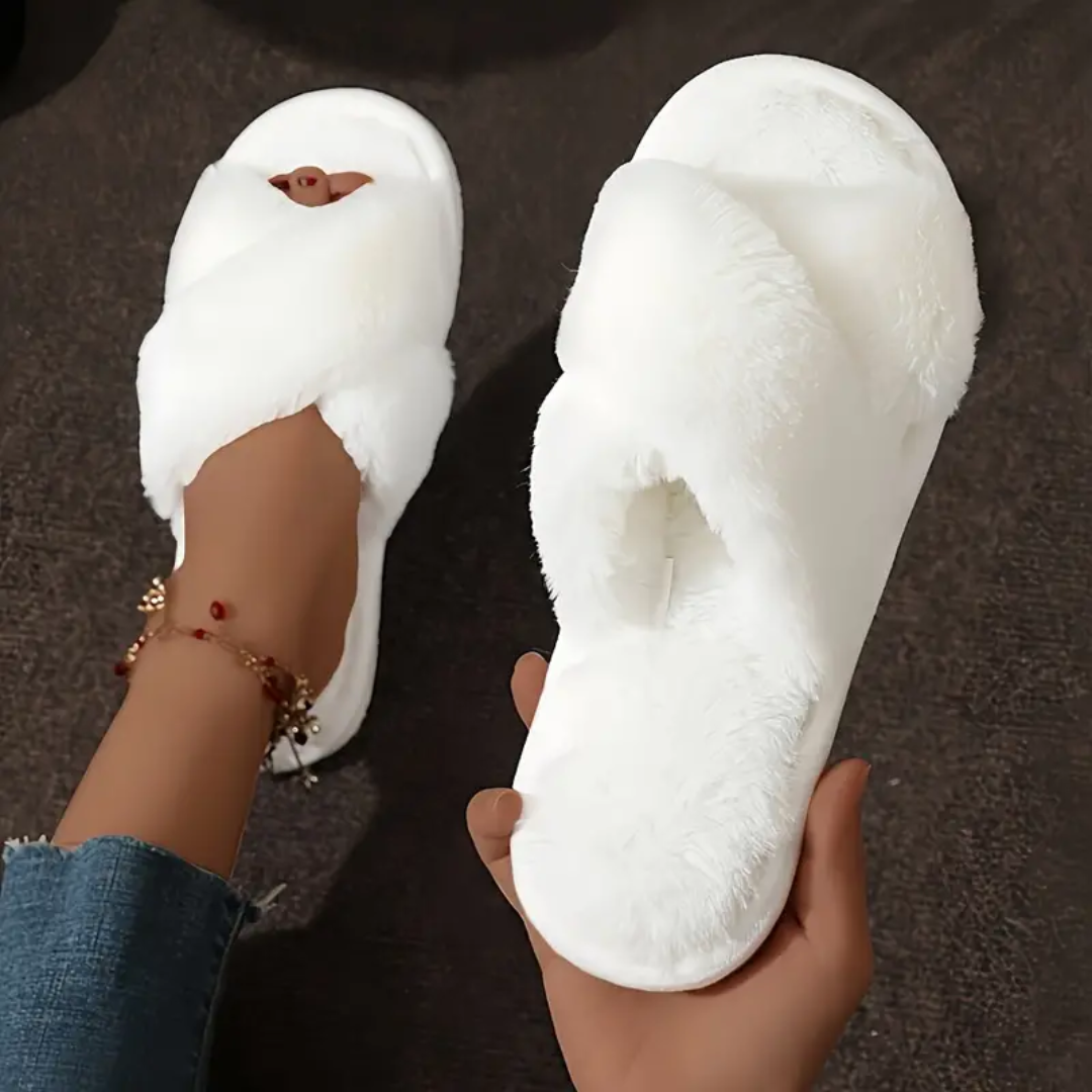 Criss cross fuzzy slippers in white for women