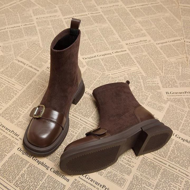 Pull-on suede-look ankle buckle boots for women