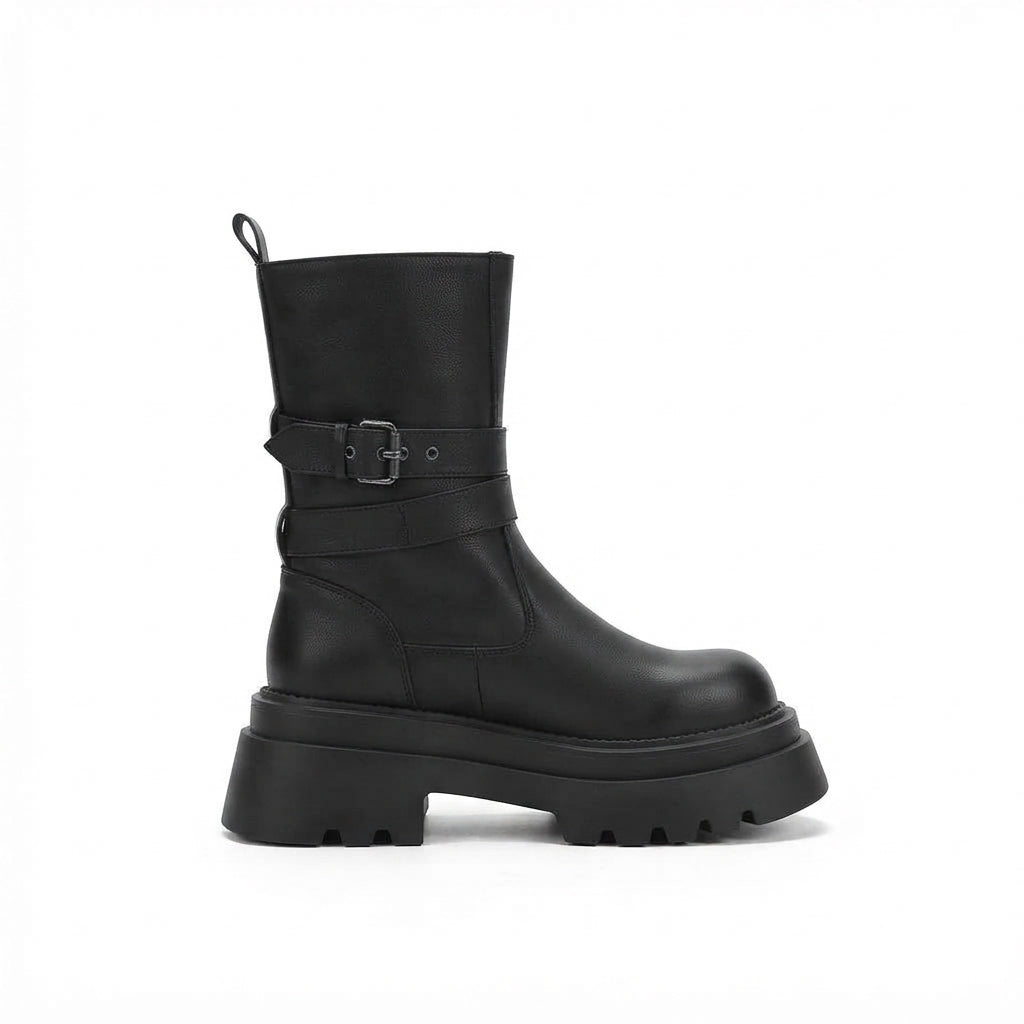 Chunky platform buckle biker boots for women