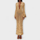 Gold open-knit maxi dress with sequin discs for women