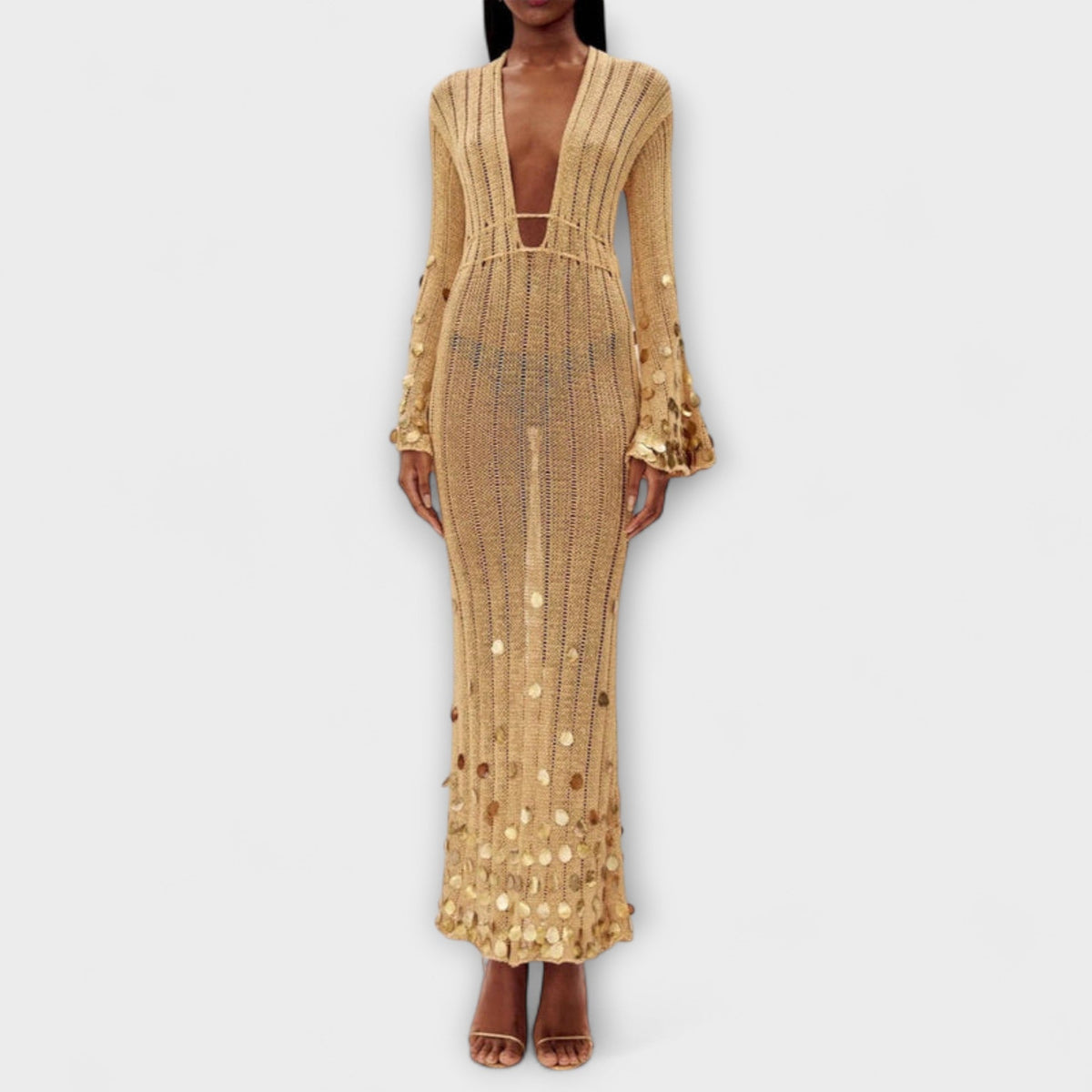 Gold open-knit maxi dress with sequin discs for women