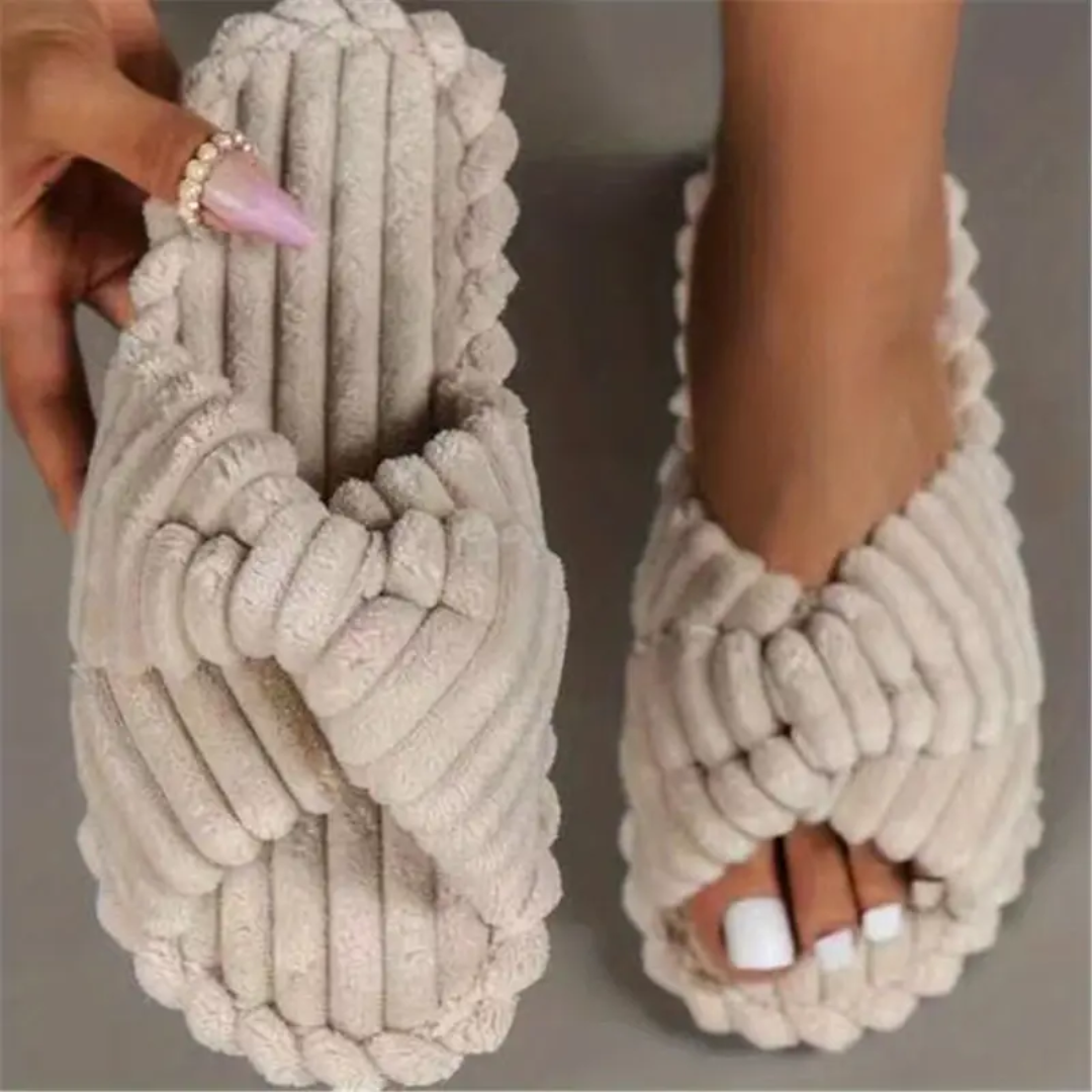 Cross knit plush slippers for women