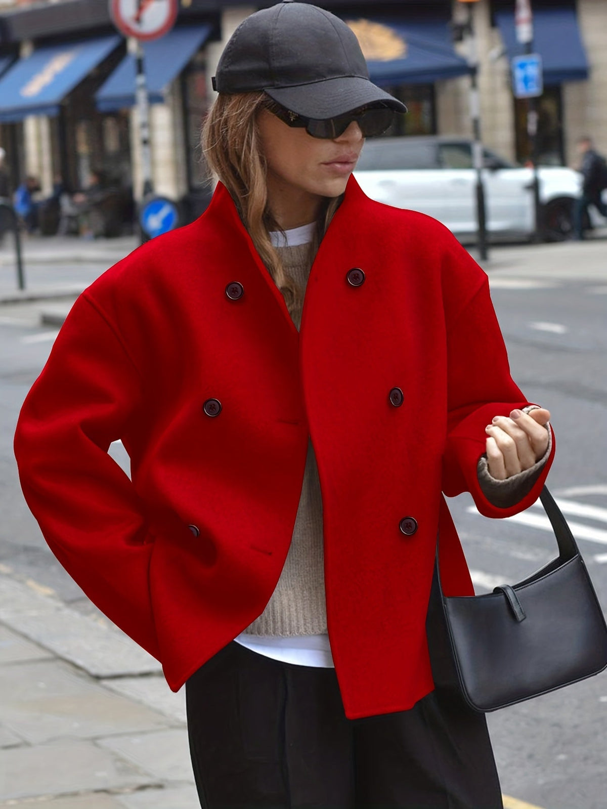 Oversized sleeve cropped pea coat for women