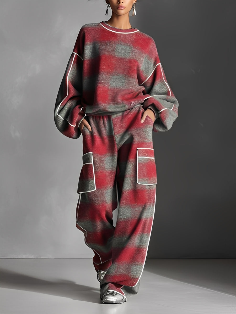 Piped sweatshirt and cargo-pocket pant set in red and gray for women