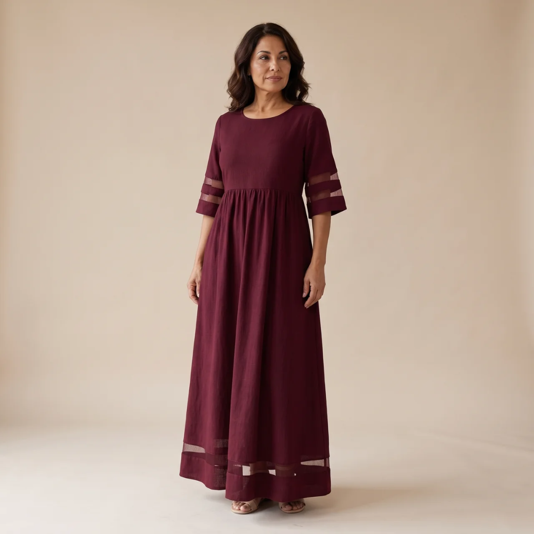 Valeria | Vestido Maxi de Manga Corta con Malla