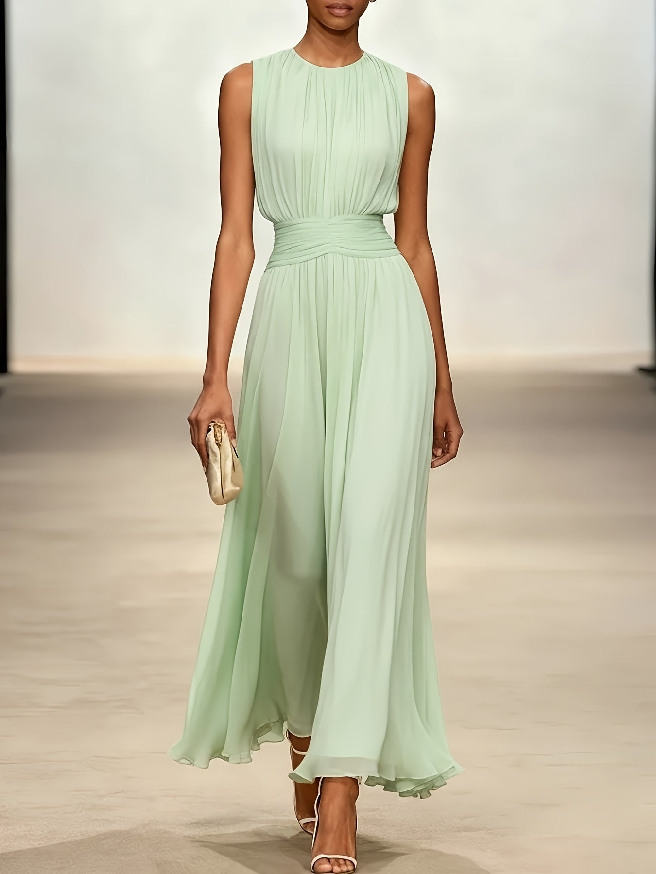 Vestido largo plisado para mujer con cintura fruncida