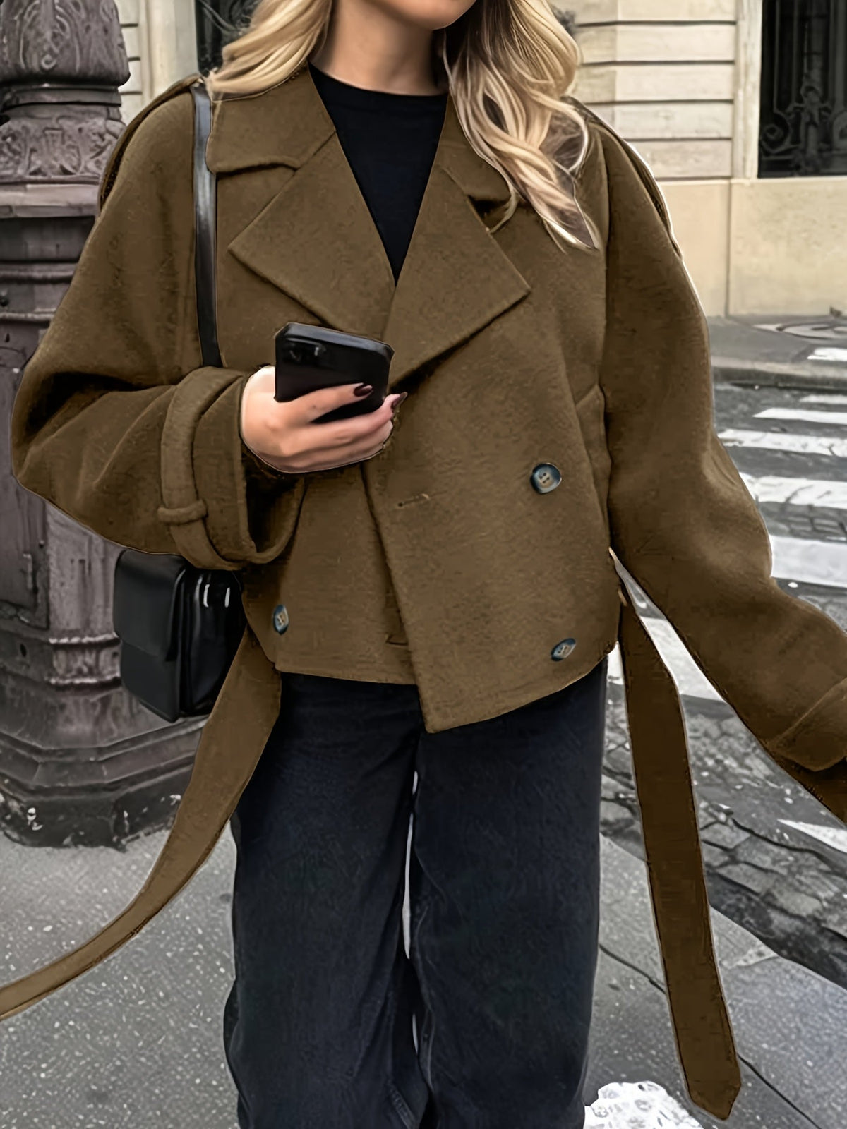 Belted oversized pea coat for women