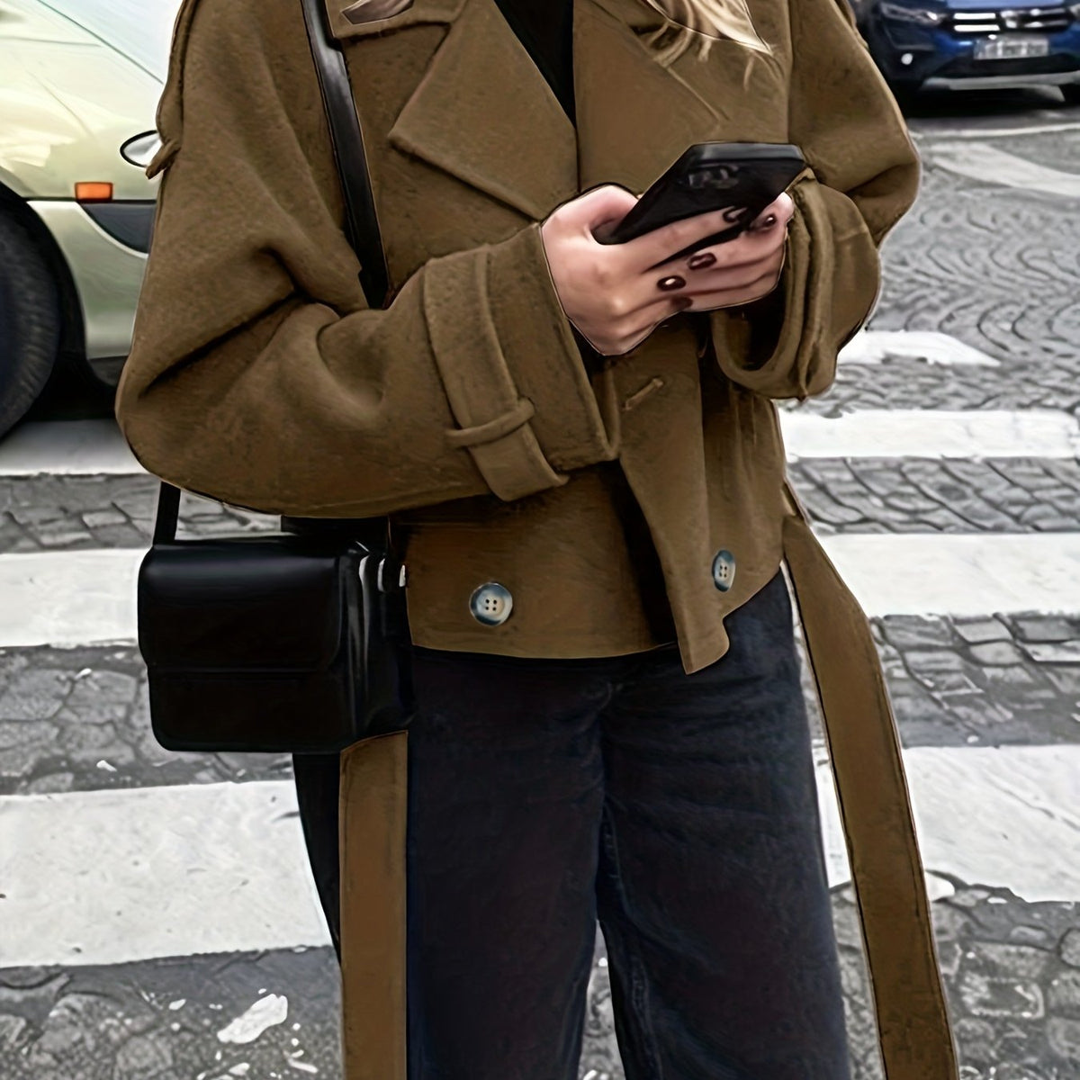 Belted oversized pea coat for women
