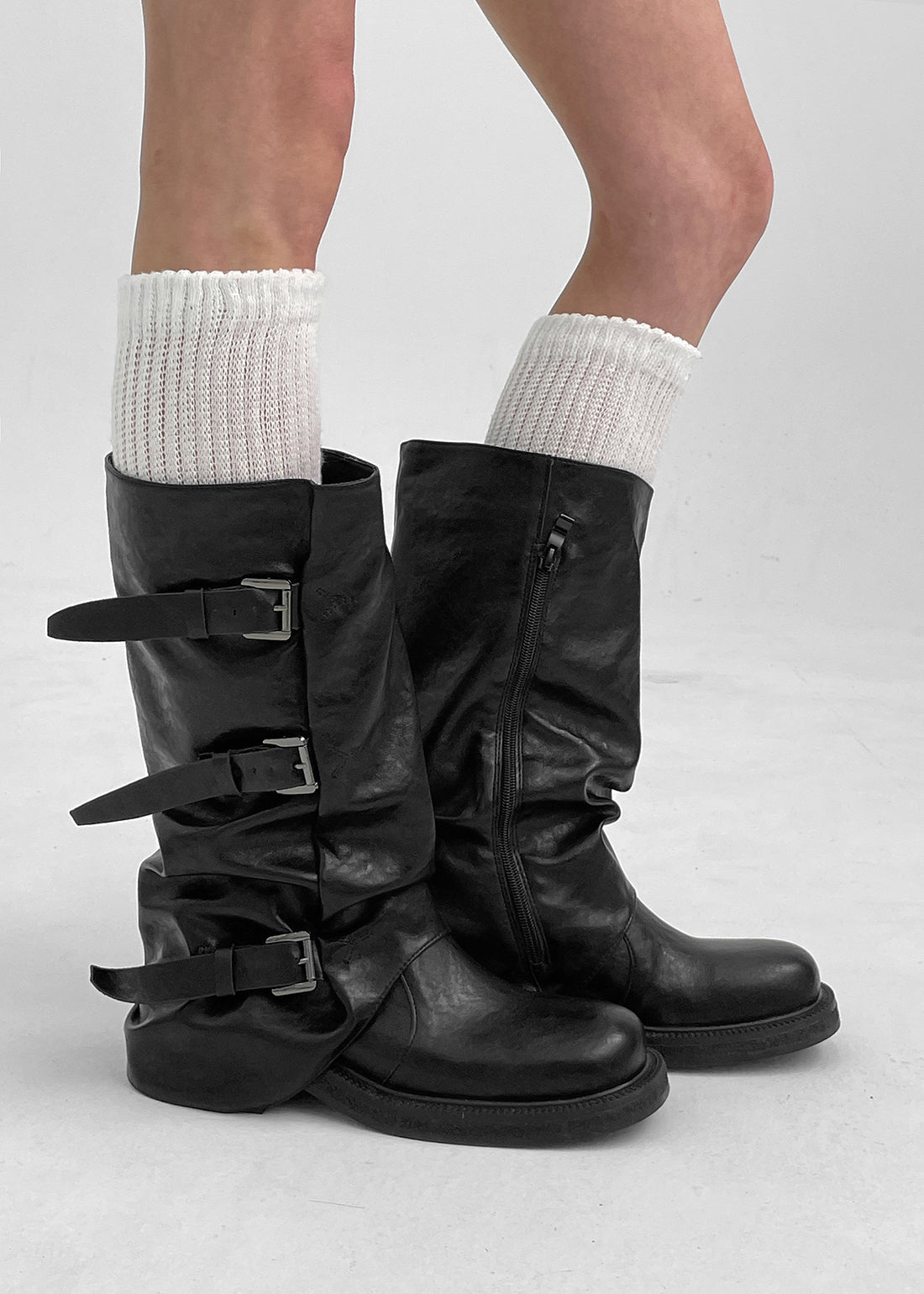 Slouchy buckle mid-calf boots in black for women