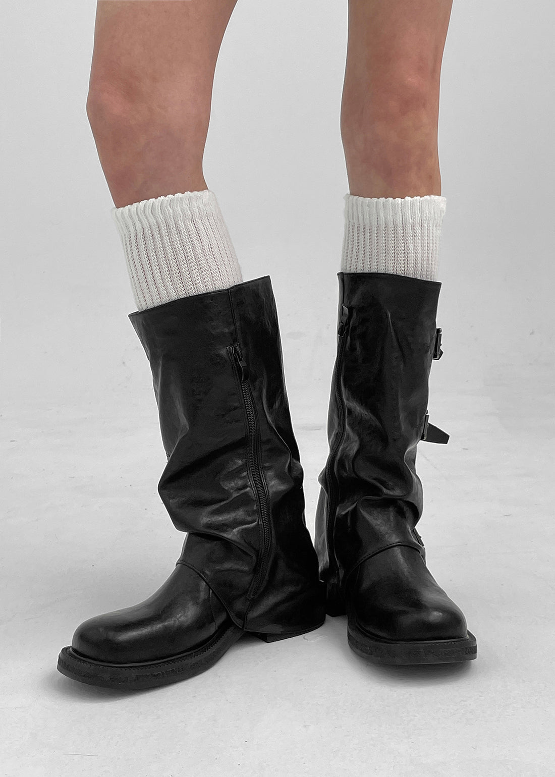 Slouchy buckle mid-calf boots in black for women