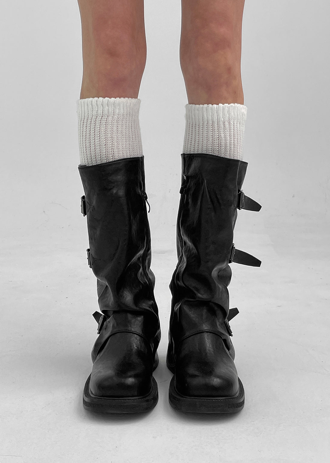 Slouchy buckle mid-calf boots in black for women