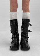 Slouchy buckle mid-calf boots in black for women