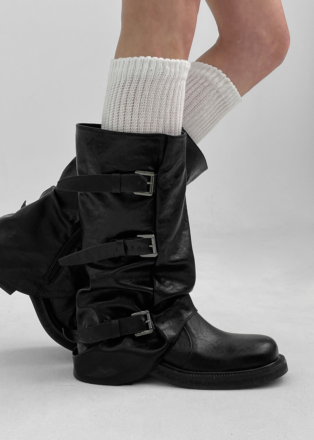 Slouchy buckle mid-calf boots in black for women