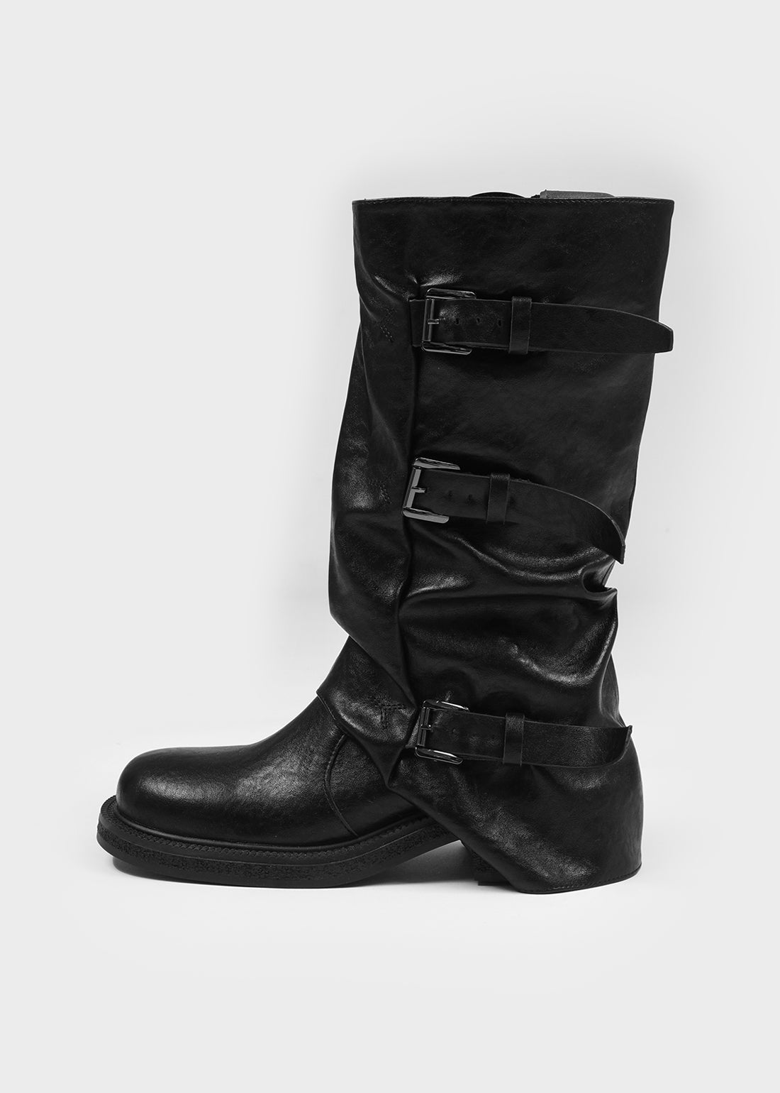 Slouchy buckle mid-calf boots in black for women