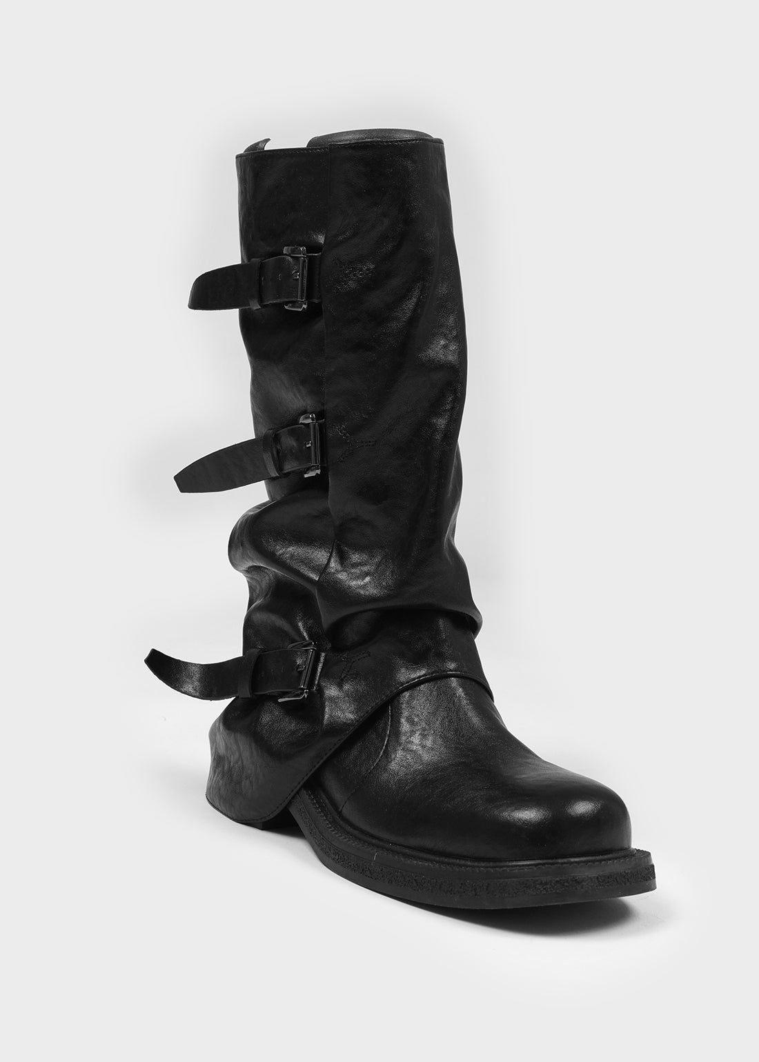 Slouchy buckle mid-calf boots in black for women