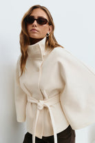 Belted cape jacket for women in beige, blue, brown or black